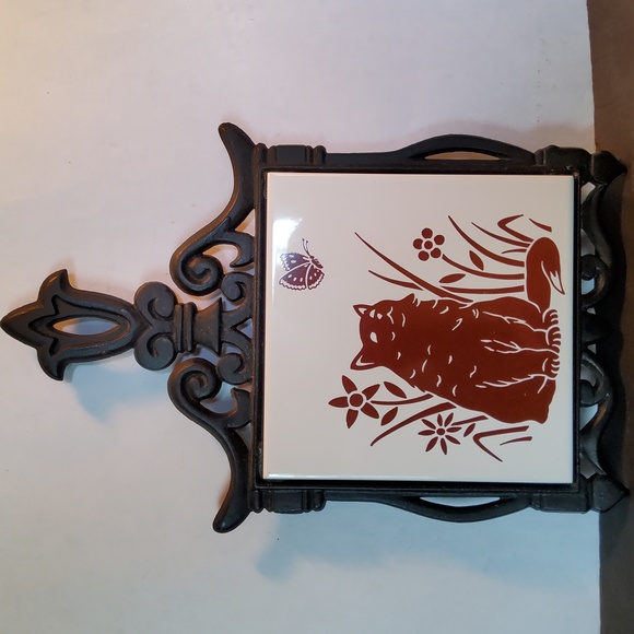 Vintage Taiwan cat trivet Other - Vintage Taiwan Cast Iron trivet cat and butterfly with flowers.